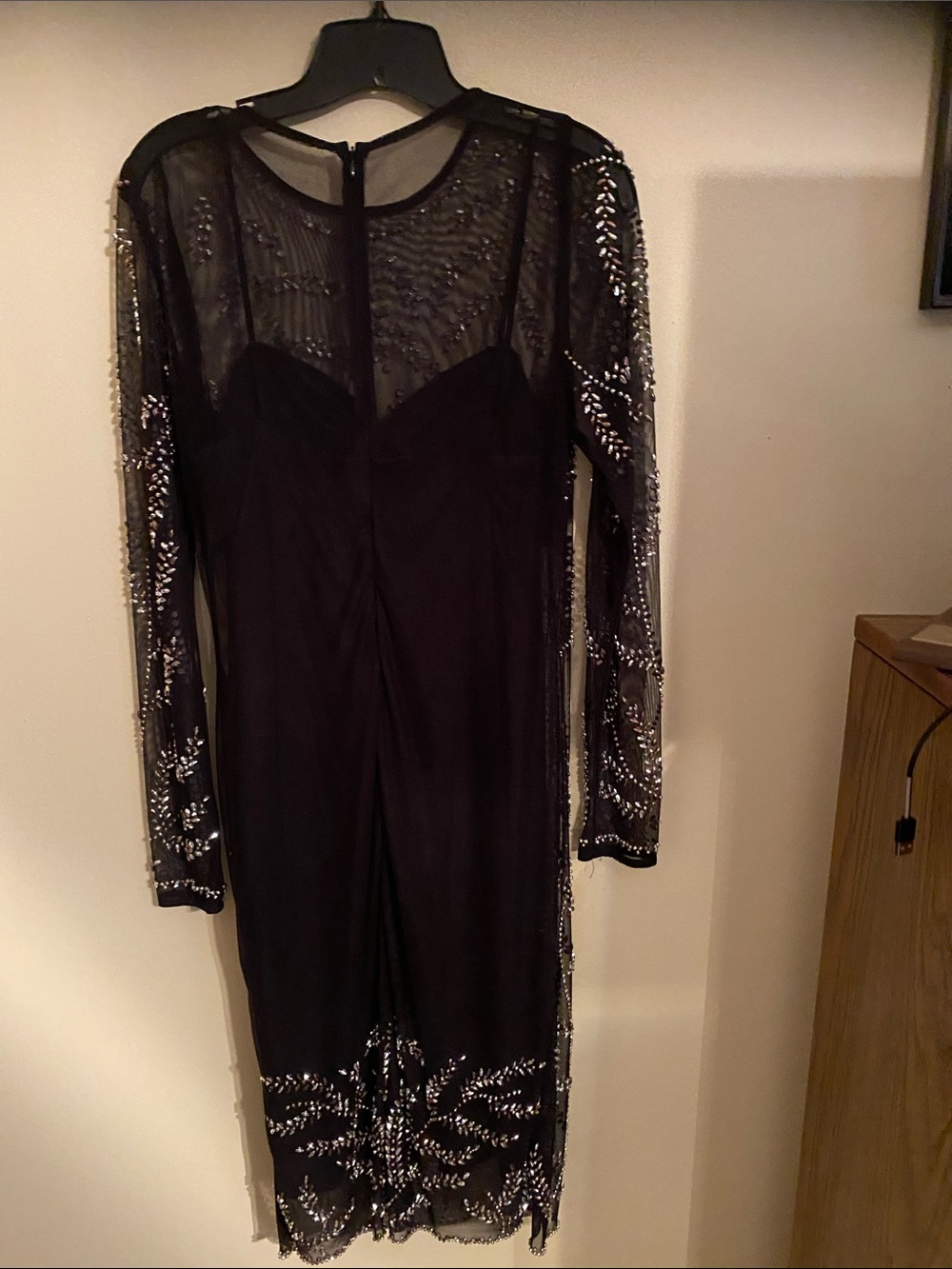 Black Beaded Long Sleeve Sheer Panel Evening Dress